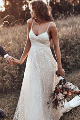 Backless Straps Long A-line Lace Simple Bridal Gown Wedding Dresses DMM79